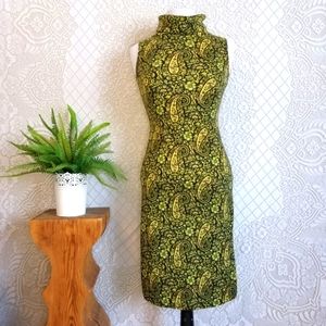 Vintage Paisley Print Midi Dress, mock neck